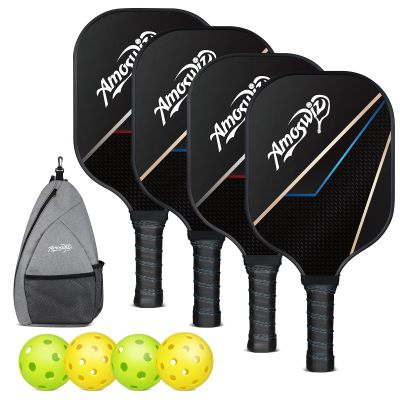 Amoswiz Pickleball Paddles Set of 4, Black Pickleball Rackets with 4 Pickleball Balls & a Backpack, Pickleball Gifts for Men & Women
