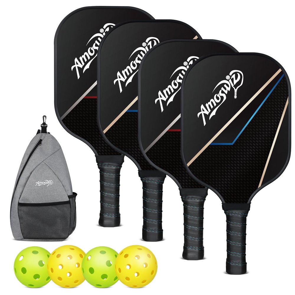 Amoswiz Pickleball Paddles Set of 4, Black Pickleball Rackets with 4 Pickleball Balls & a Backpack, Pickleball Gifts for Men & Women
