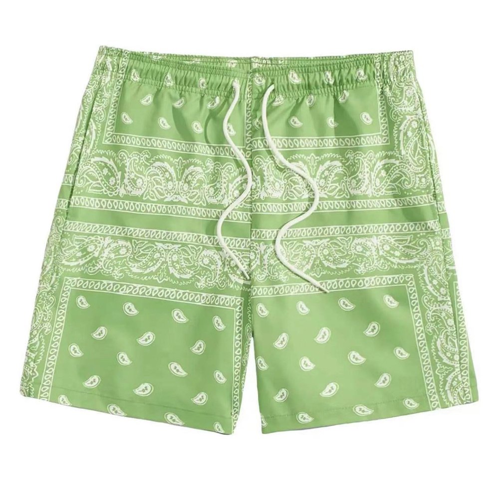 Green,Men's Boho Tribal Paisley Print Drawstring Waist Summer Beach Hawaiian Cool Graphic Short Men,XXS