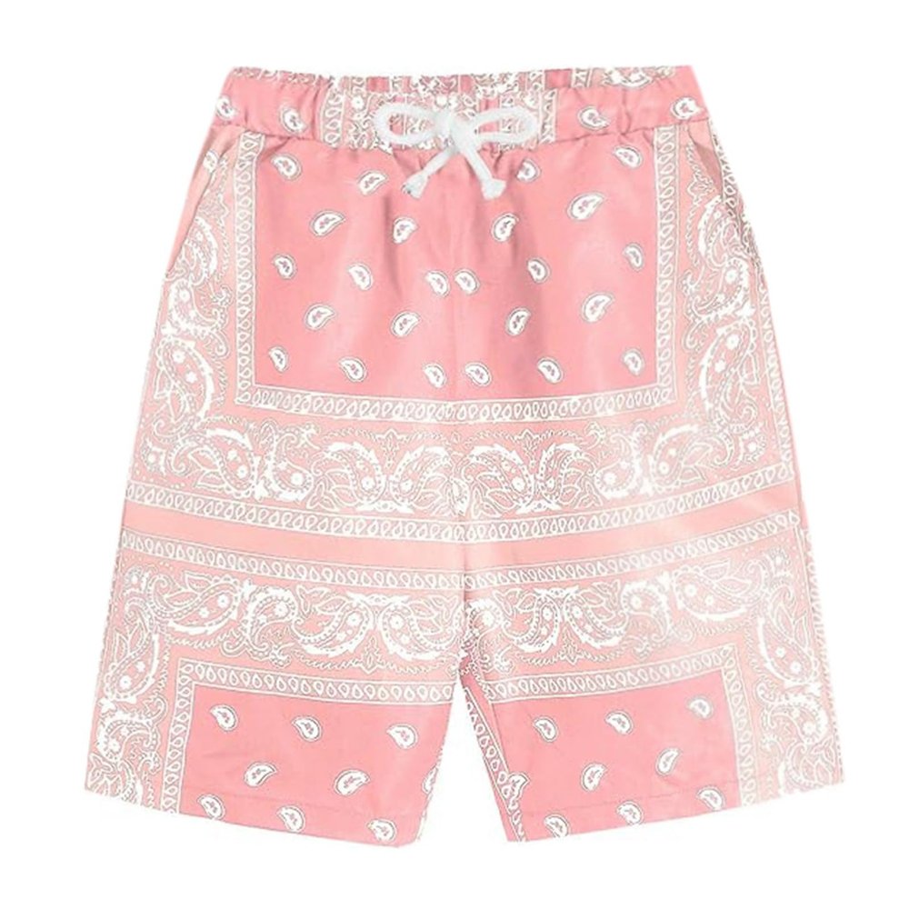 B8 Pink,Men's Boho Tribal Paisley Print Drawstring Waist Summer Beach Hawaiian Cool Graphic Short Men,XS