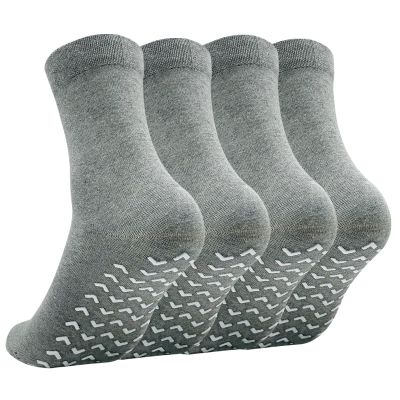 SOJOFEL Non Slip Grip Socks for Men - Anti Skid Cotton Crew Socks for Women - Rubberized Sticky for Hospital Elderly Yoga Pilates Fitness 4 Pairs Grey 11-13