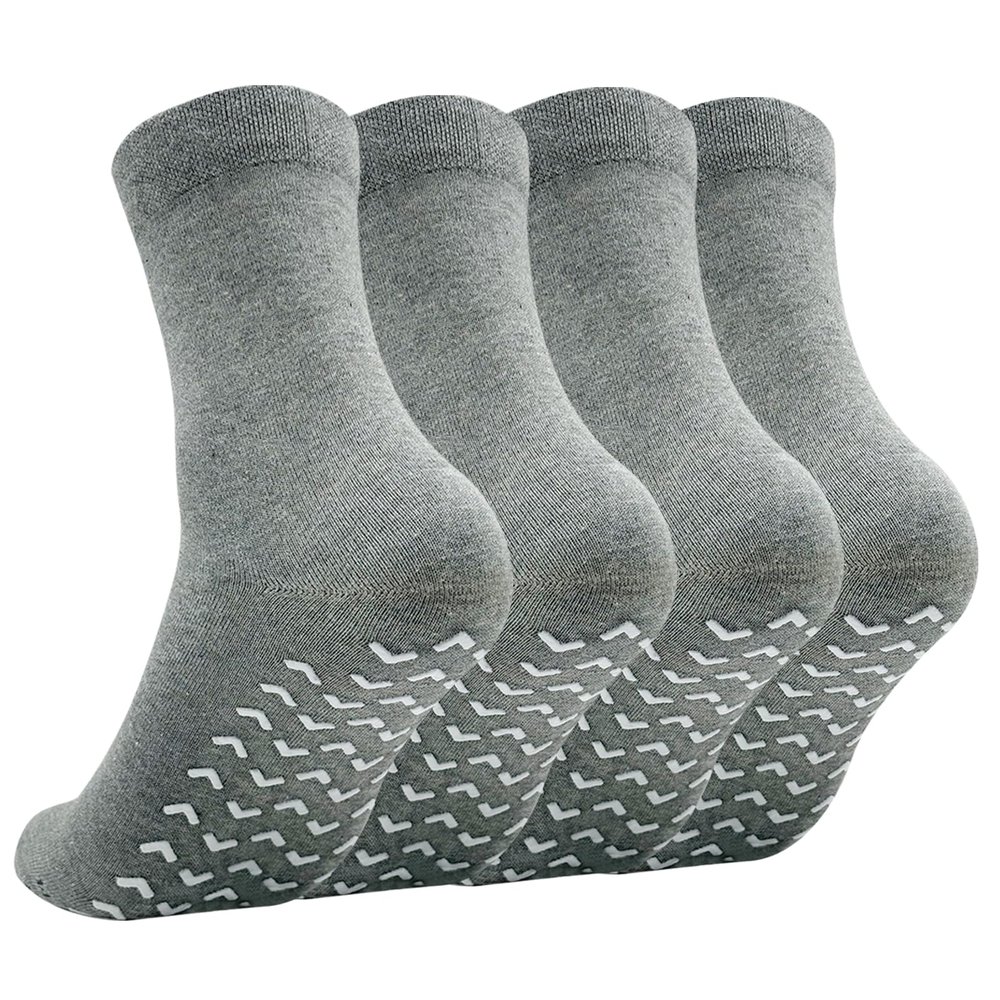 SOJOFEL Non Slip Grip Socks for Men - Anti Skid Cotton Crew Socks for Women - Rubberized Sticky for Hospital Elderly Yoga Pilates Fitness 4 Pairs Grey 11-13
