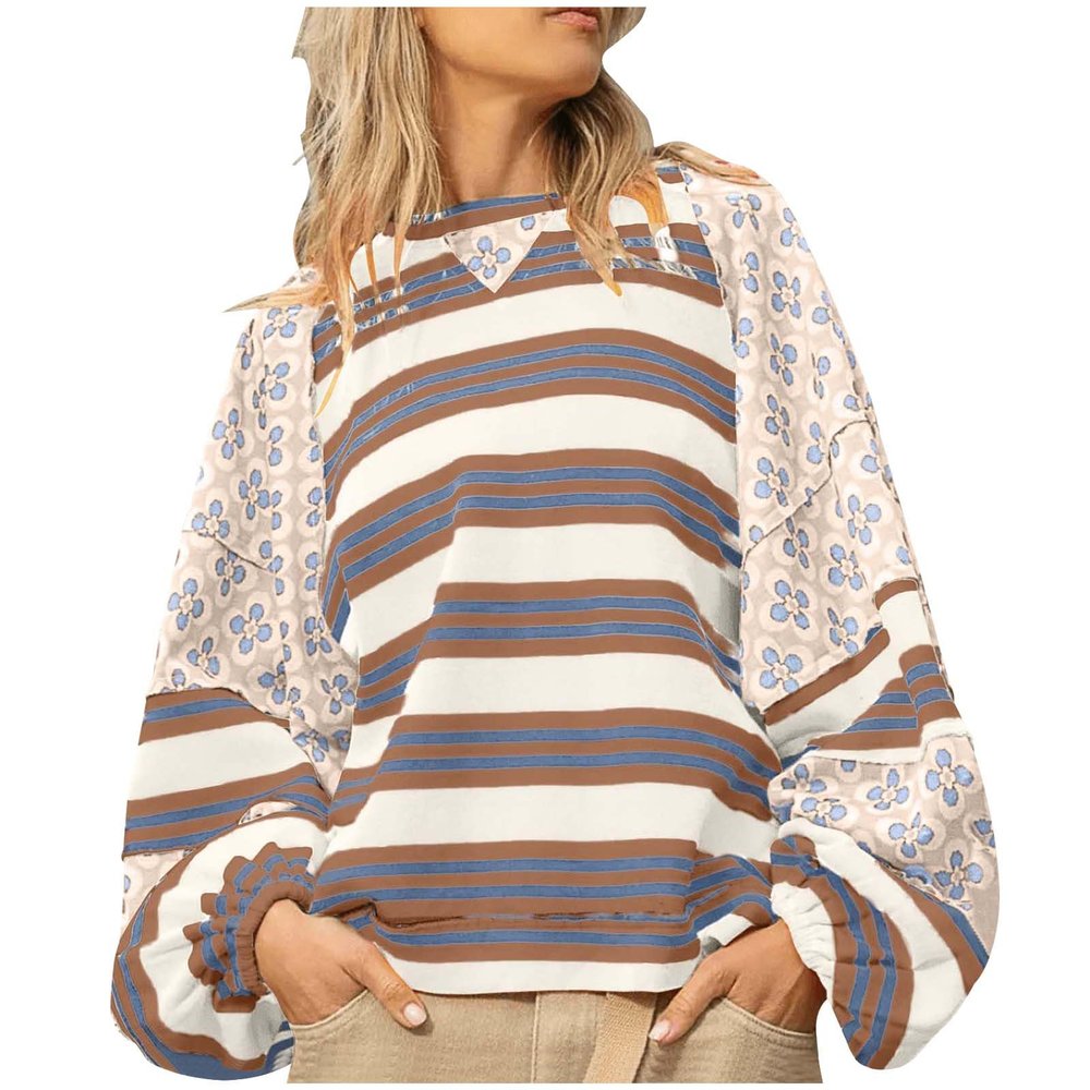 Akklian Oversized Sweatshirt for Women Y2k Graphic Patchwork Pullover Sweater Loose Fit Drop Shoulder Long Sleeve T-Shirt Top Brown