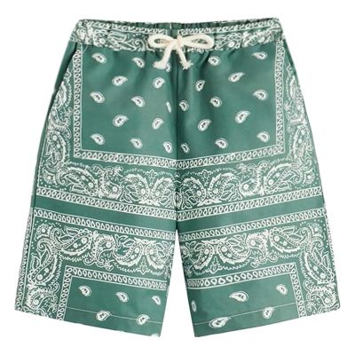 B7 Dark Green,Men's Boho Tribal Paisley Print Drawstring Waist Summer Beach Hawaiian Cool Graphic Short Men,XS