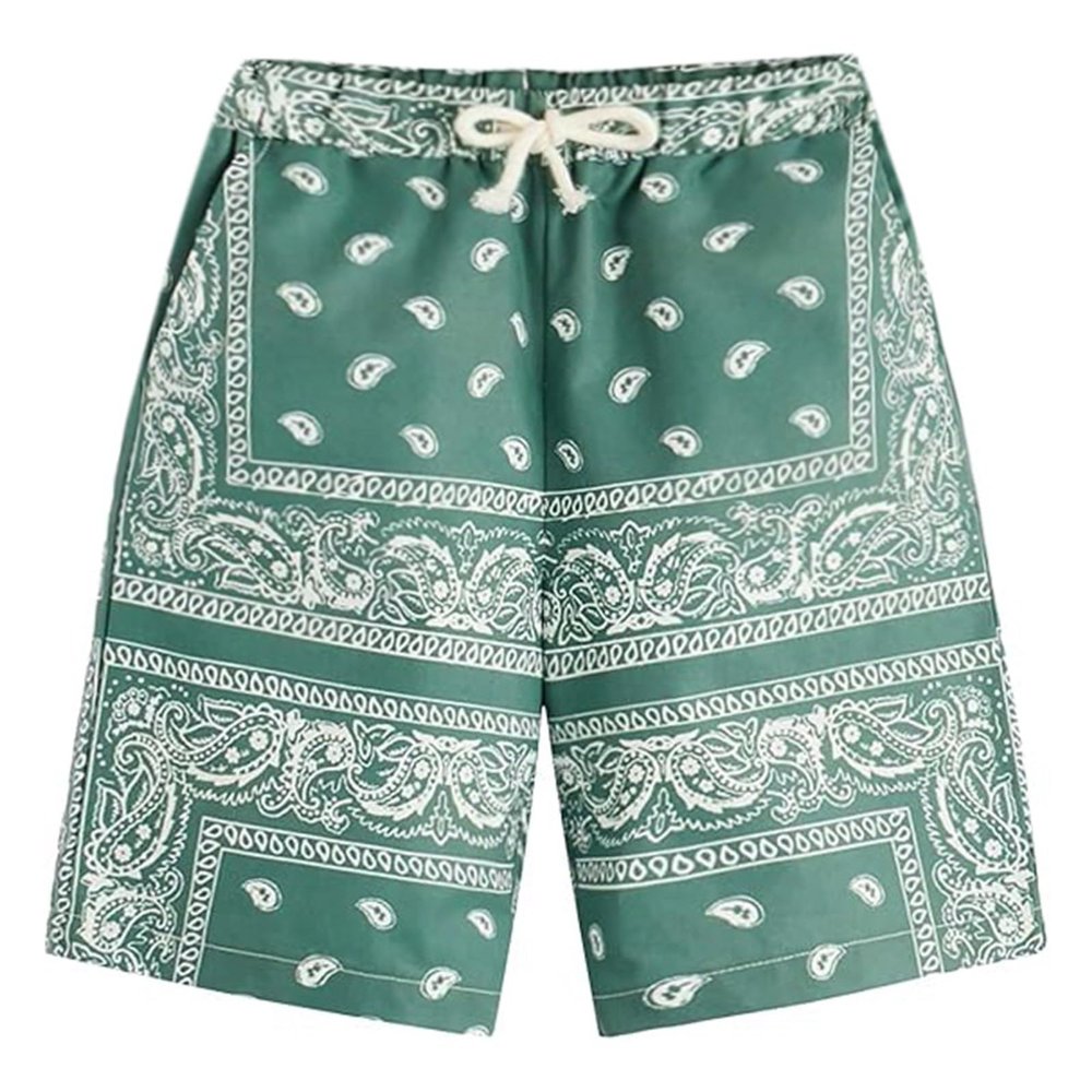 B7 Dark Green,Men's Boho Tribal Paisley Print Drawstring Waist Summer Beach Hawaiian Cool Graphic Short Men,XS