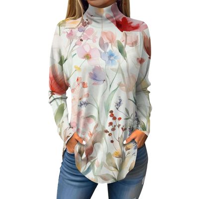 Plus Size Tunic Tops for Women Dressy Fall Cute Tops Long Sleeve Mock Neck Dressy Casual s Cotton Tshirts Fitted Turtle Neck Side Split Winter Floral Print Trendy Plus Office Clothes