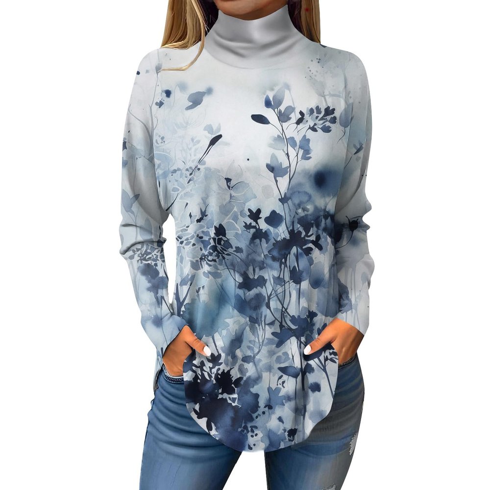 Womens Tunic Tops Cotton Fall Ladies Golf Shirts Long Sleeve Turtle Neck Oversized Womens Dressy Tops Petite Mock Neck Side Split Winter Floral Print Cute Blouses Casual