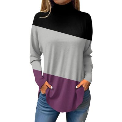 Women Tunic Tops Fall Ladies Tops with Sleeves Turtle Neck Oversize T Shirts for Women Oversized Mock Neck Side Split Winter Color Block Cute Womens Blouses Dressy Casual Brown
