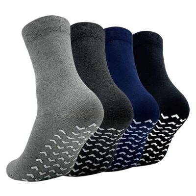 SOJOFEL Non Slip Grip Socks for Men - Anti Skid Cotton Crew Socks for Women - Rubberized Sticky for Hospital Elderly Yoga Pilates Fitness 4 Pairs Mixed color Black 9-11