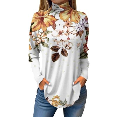 NineFit Basics Women's Plus Size Tunic Tops - Fall & Winter - Long Sleeve - Cotton Blend - Floral Print - Mock Neck - Turtle Neck - White - 3X-Large - Loose Fit - Trendy & Comfortable - Dressy Casual