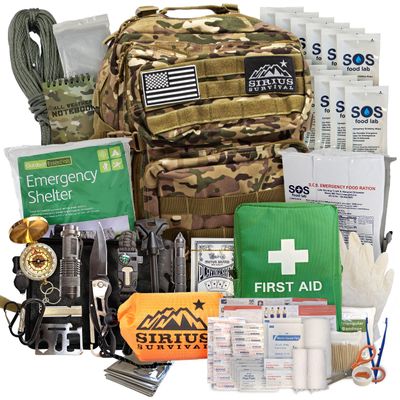 Sirius: Bug Out Bag Starter Kit - 72 Hour Kit for 1 Person  Backpack Survival Kit  50L Tactical Backpack, US Made Food & Water, Medical Supplies & Survival Tools (Camo, 1 Person)