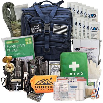 Sirius: Bug Out Bag Starter Kit - 72 Hour Kit for 1 Person Backpack Survival Kit 50L Tactical Backpack, US Made Food & Water, Medical Supplies & Survival Tools (Navy, 1 Person)