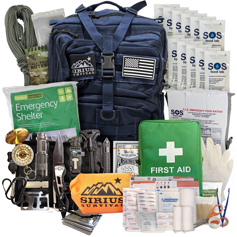 Sirius: Bug Out Bag Starter Kit - 72 Hour Kit for 1 Person Backpack Survival Kit 50L Tactical Backpack, US Made Food & Water, Medical Supplies & Survival Tools (Navy, 1 Person)