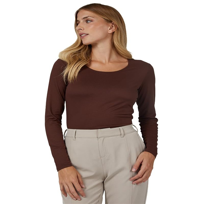 32 Degrees Heat Women's Lightweight Scoop Baselayer Top | Form Fitting | Long Sleeve | 4-Way Stretch | Thermal, Cocoa, Small