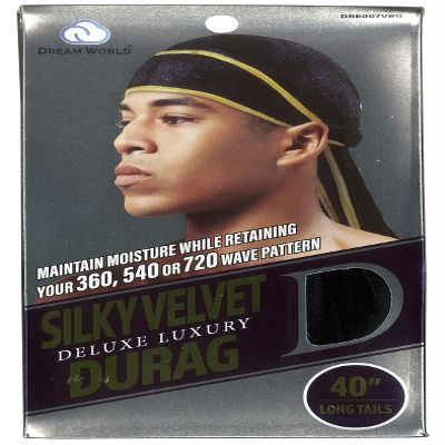 Dream World Silky Velvet Durag Black with Gold Trim