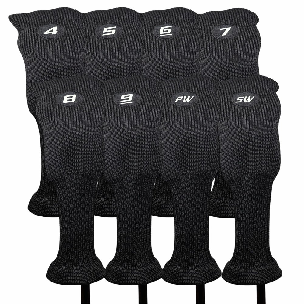 Majek All Hybrid Head Cover Golf Club Black Sleek Tight Fit Headcover Set 4-SW Acrylic Head Covers 4 5 6 7 8 9 PW SW Easy to See Large White Embroidered Numbers