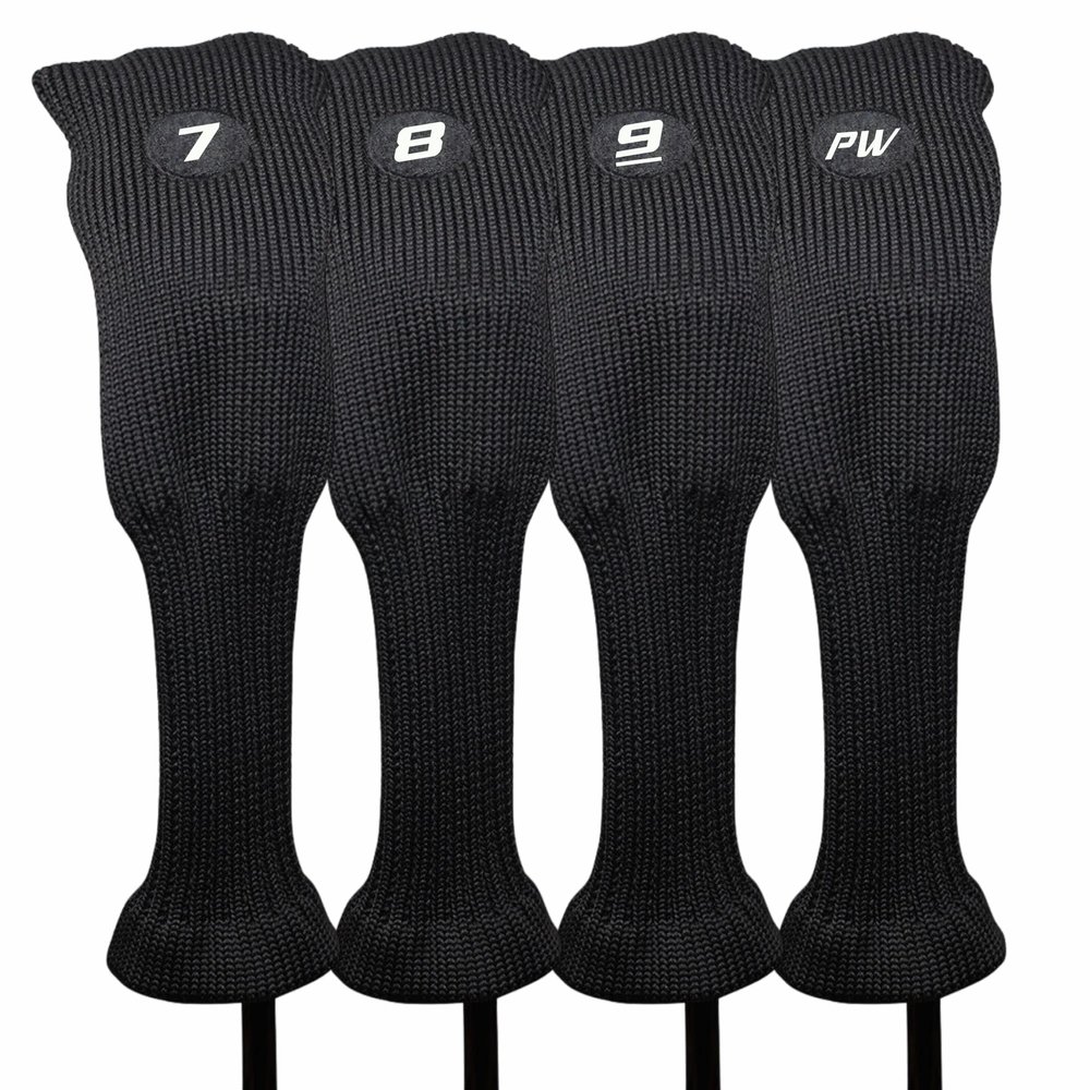 Majek All Hybrid Head Cover Golf Club Black Sleek Tight Fit Headcover Set 7-PW Acrylic Head Covers 7 8 9 PW Easy to See Large White Embroidered Numbers
