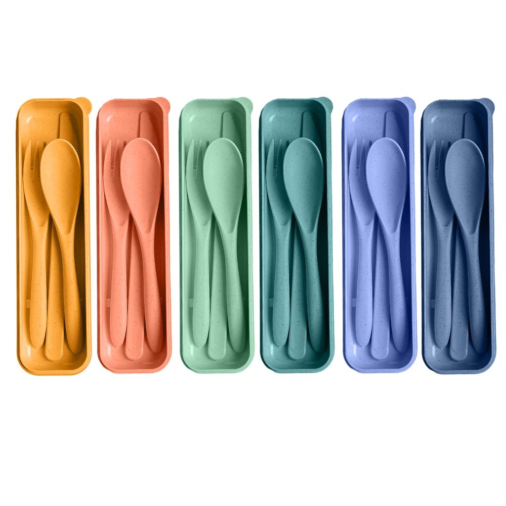 HMDZMR Travel Utensils Set with Case, Camping Utensils Wheat Straw Reusable Utensils Set With Case, Knife Fork and Spoon Utensils for Lunch Box (6 Pack)