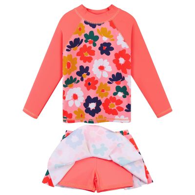 Girl's Two-Piece Long Sleeve Swimsuits UPF50+ Rash Guard Kids Bathing Suit S348_PeachFlower_2A