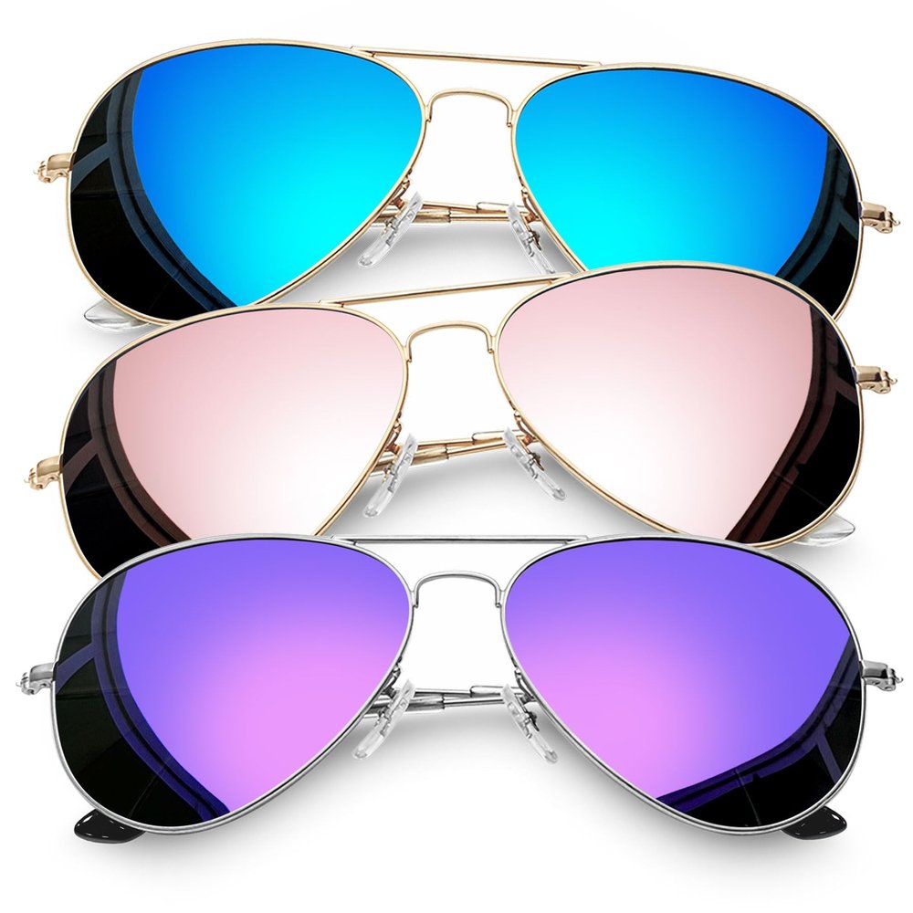 Joopin 3 Pack Classic Oversized Aviation Polarized Sunglasses UV Protection, Blue Teardrop Sun Glasses, Mirror Pink Sunnies, No Tangle Purple Shades Women Men
