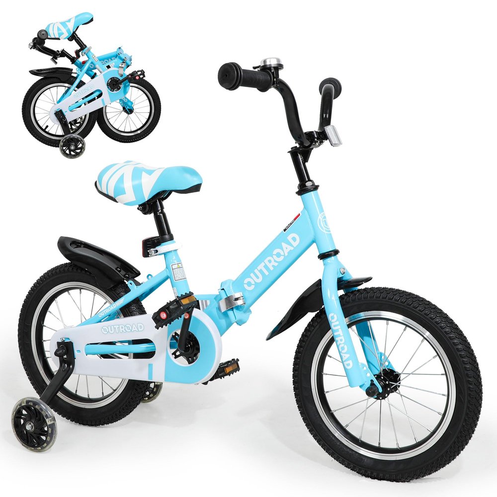 Brightpeak Kids Bike for 3-10 Years Old Boys and Girls, 14 Inch Baby Bike with Flash Lighting Training Wheels for Children, Foldable Toddler Bicycles with Dual Handbrakes, Blue