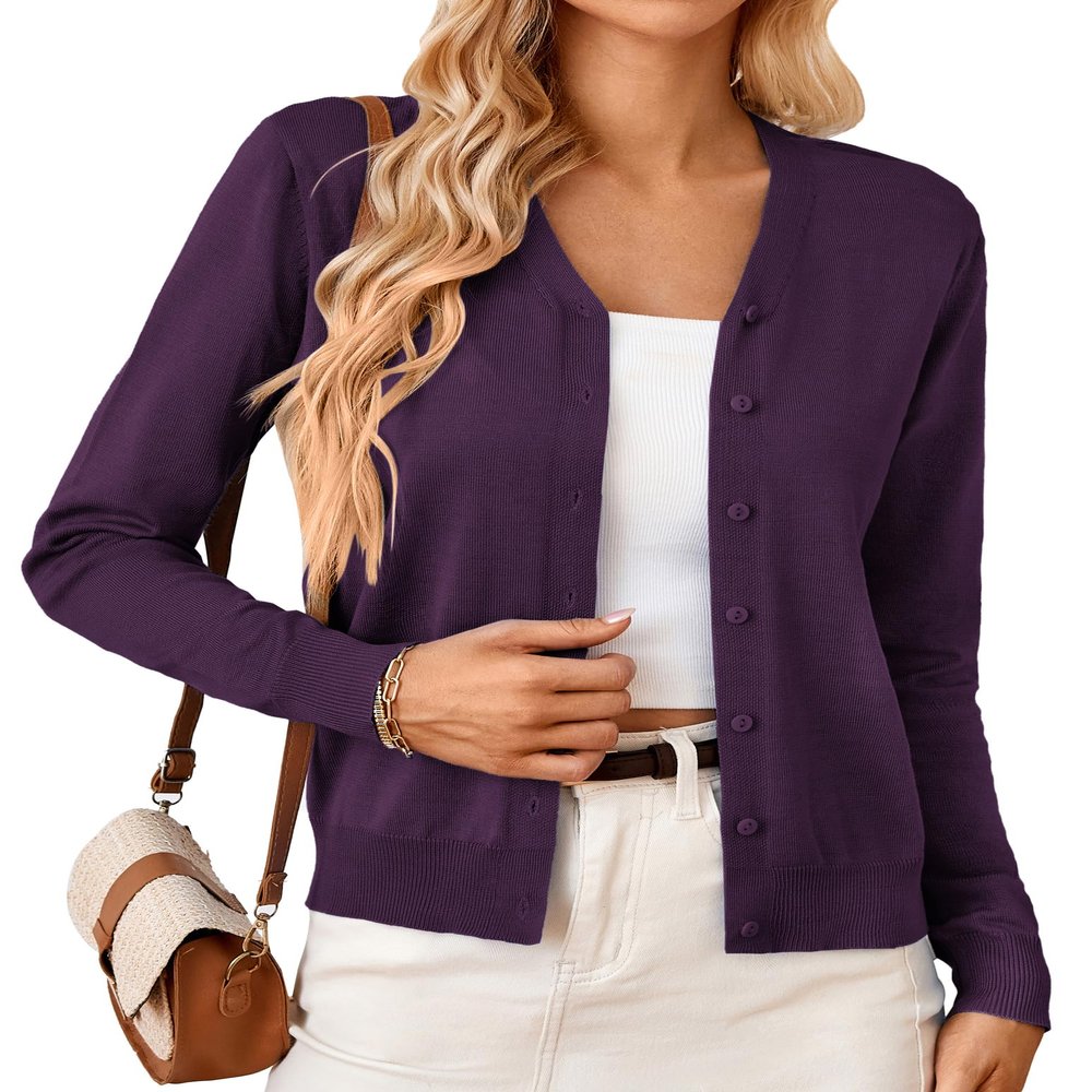 GRACE KARIN Women's Long Sleeve Cardigan V Neck Sweaters Button Down Casual Knitted Outerwear Dark Purple S