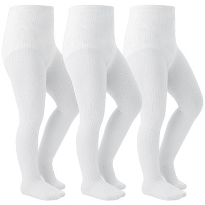 Coziwill Socks Girls Tights Seamless Toddler Stockings Tights Soft Cotton Cable Knit School Girls Leggings Kids 8-10 Years 3 Pack(White, L)