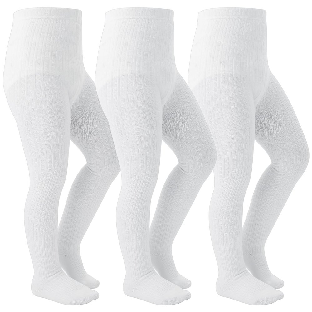 Coziwill Socks Girls Tights Seamless Toddler Stockings Tights Soft Cotton Cable Knit School Girls Leggings Kids 8-10 Years 3 Pack(White, L)