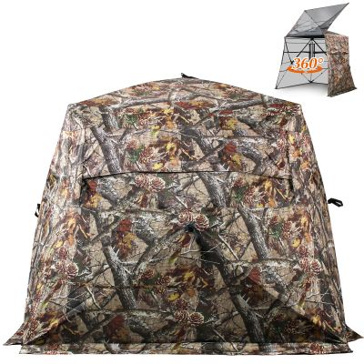 ShedOFF Extra Large 360 See Through Wide Bottom Hunting Blind with Portable Hunting Chair, Extra Large Ground Blinds for Deer Turkey Duck Hunting, Adjust Windows with Silent Zipper(Camo Pine-Cones)