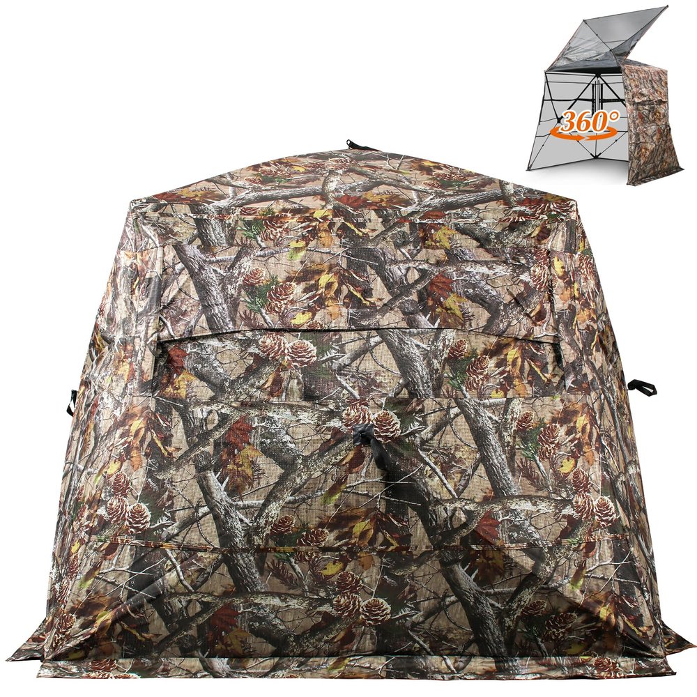ShedOFF Extra Large 360 See Through Wide Bottom Hunting Blind with Portable Hunting Chair, Extra Large Ground Blinds for Deer Turkey Duck Hunting, Adjust Windows with Silent Zipper(Camo Pine-Cones)