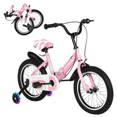 Brightpeak Kids Bike for 3-10 Years Old Boys and Girls, 16 Inch Baby Bike with Flash Lighting Training Wheels for Children, Foldable Toddler Bicycles with Dual Handbrakes, Pink