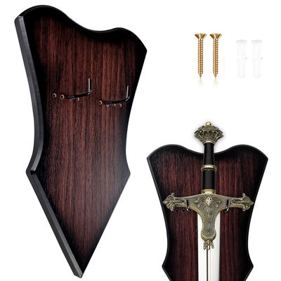 FLURSAILE Sword Plaque Wall Mount Vertical Display Holder Adjustable Stand for Bow Medieval Dagger Axe (1pcs Large Brown)