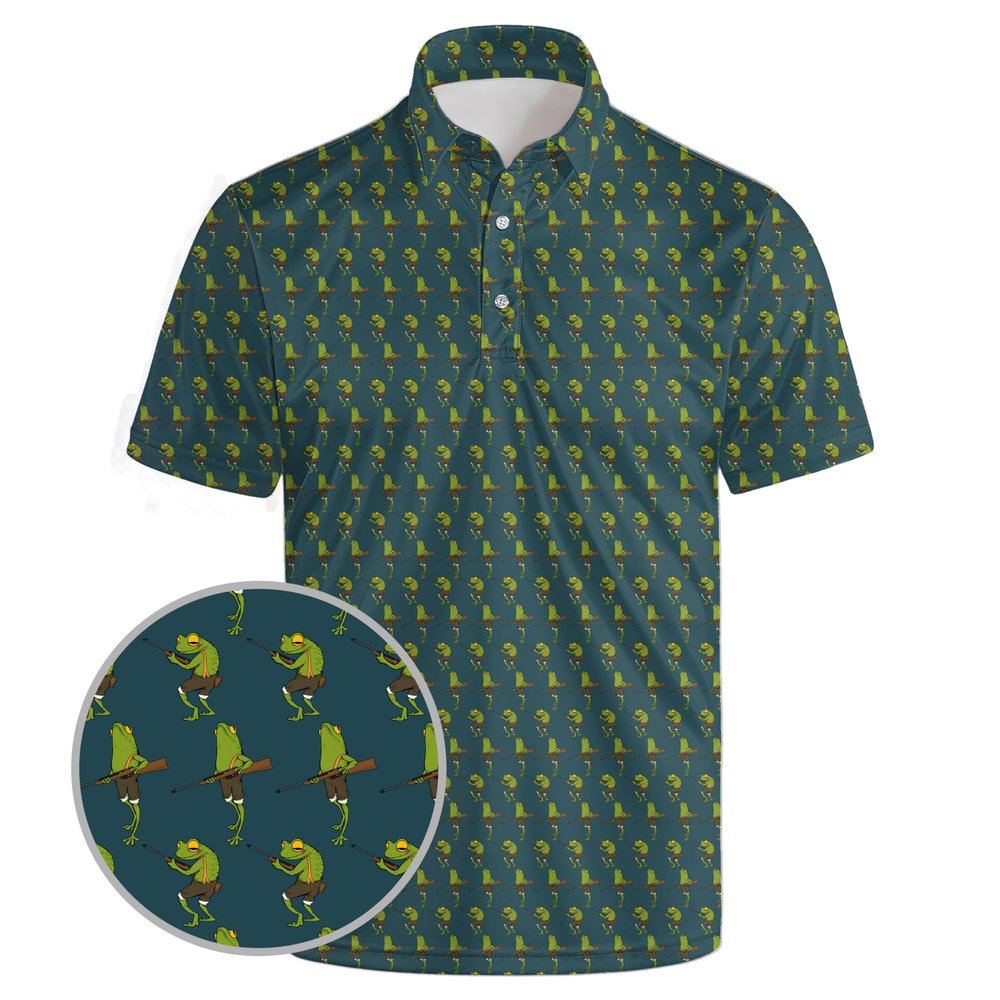 AYUNIX Men's Golf Shirts Frog with Gun Golf Polos for Men Short Sleeve Quick Dry Moisture Wicking Performance Polo Shirts