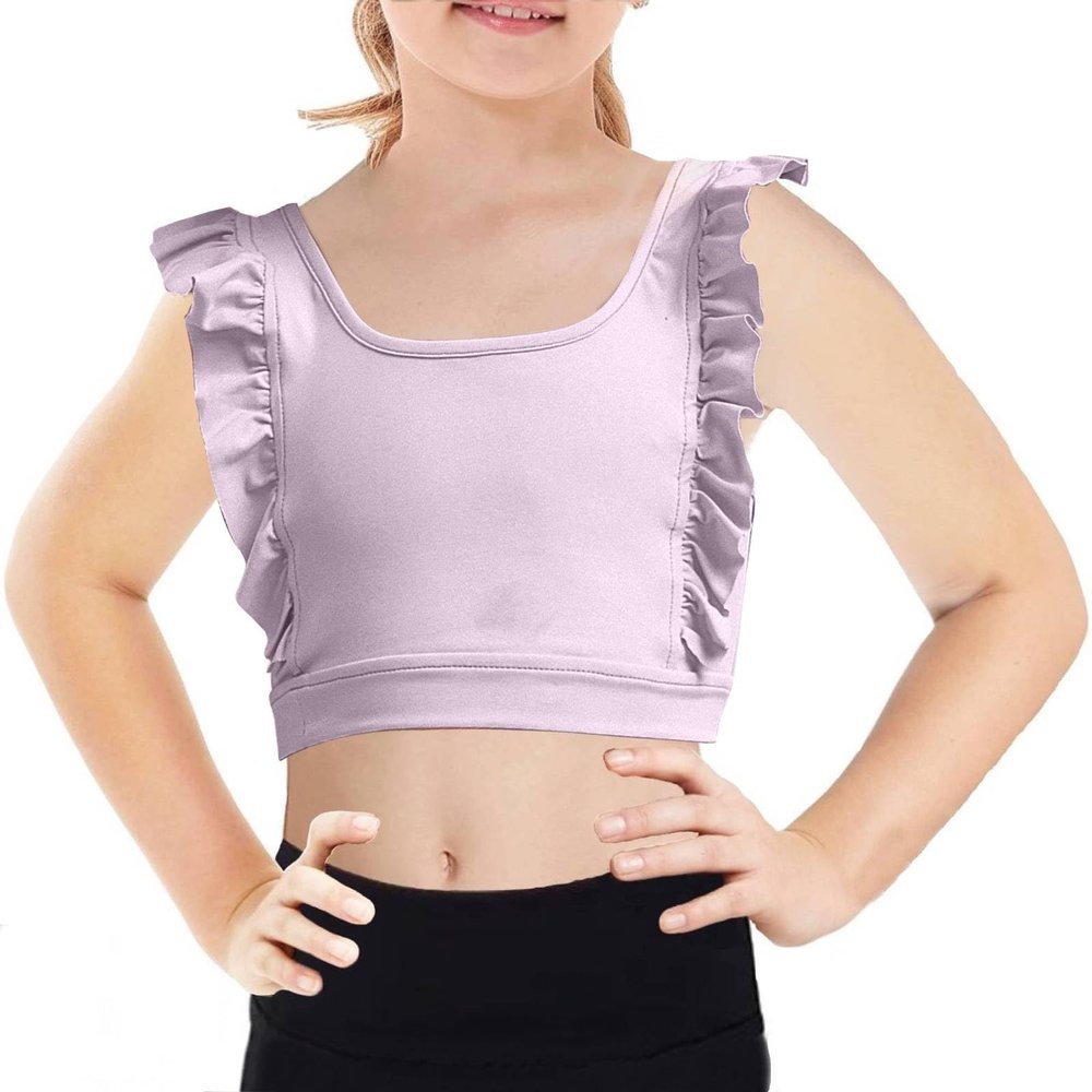 Girls Training Bra Cute Ruffle Sports Bra for Kids Scoop Neckline Fitness Yoga Bra Strap Crop Top Purple