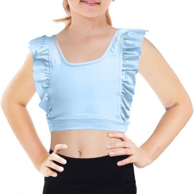 Girls Training Bra Cute Ruffle Sports Bra for Kids Scoop Neckline Fitness Yoga Bra Strap Crop Top Sky Blue