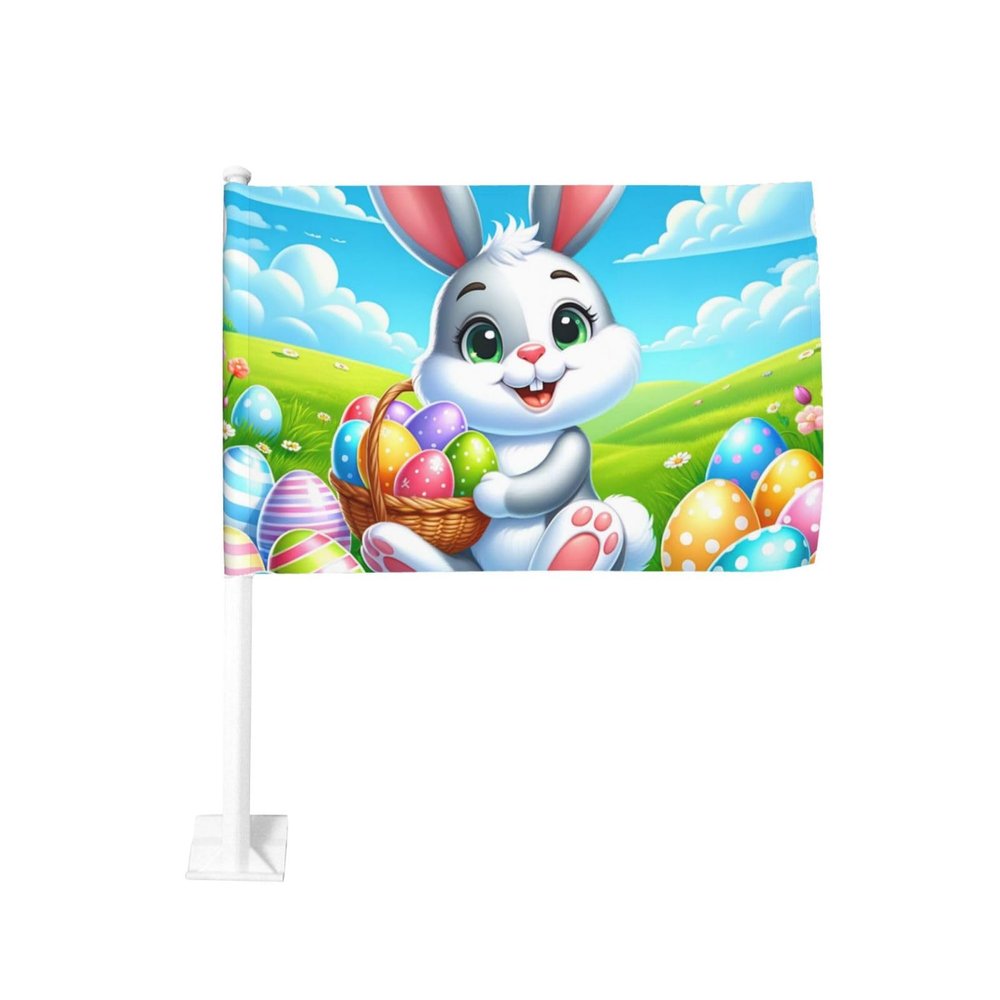 12x18 Inch Easter-Rabbit-Eggs-Daisies Polyester Car Flag, Double-Sided Car Window Flag For Vehicle And Trucks