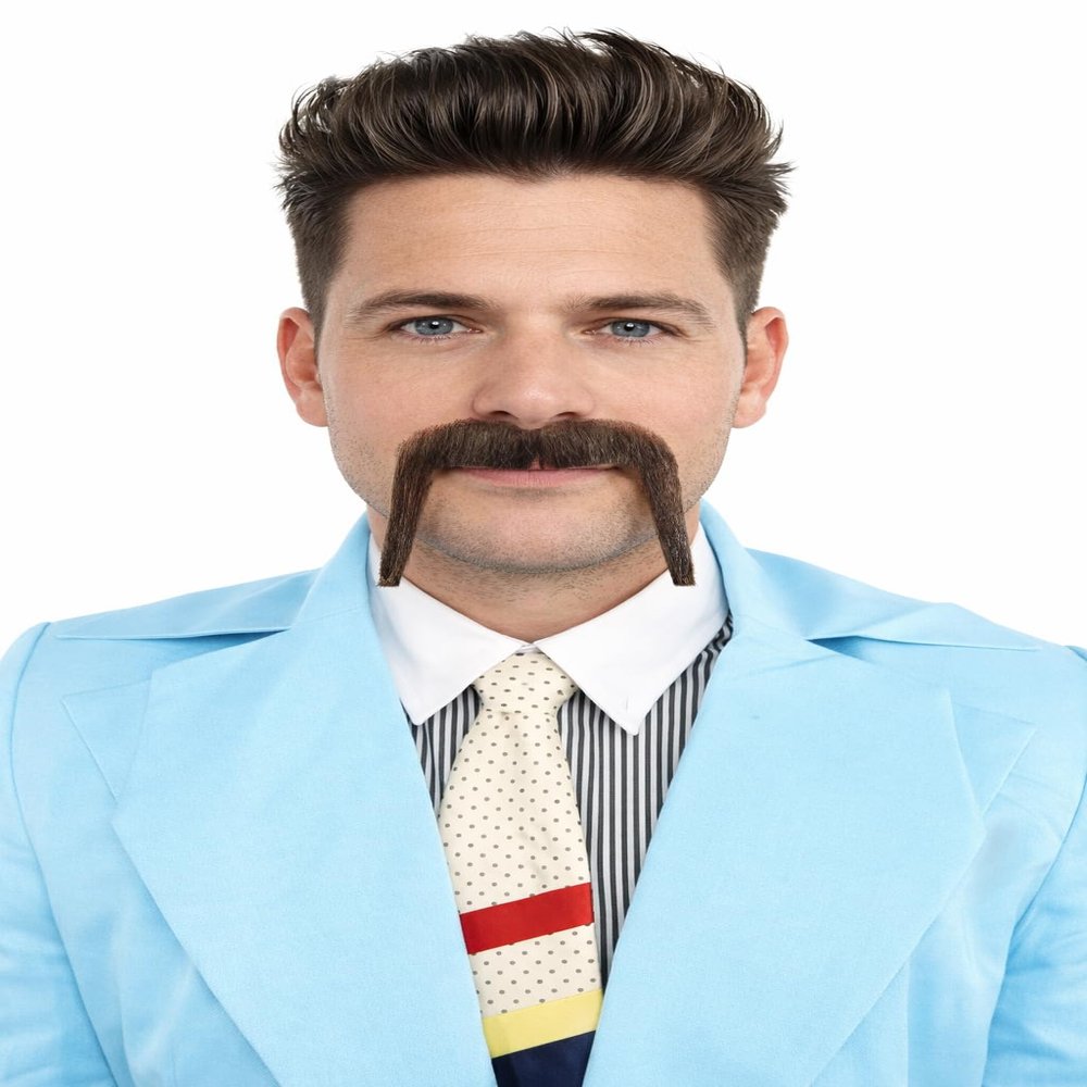 BC GOODS BY Mens Horseshoe Mustache Long Drop Natural Self Adhesive Real Human Hair - Facial Cosplay Accessory for Parties - Dark Brown