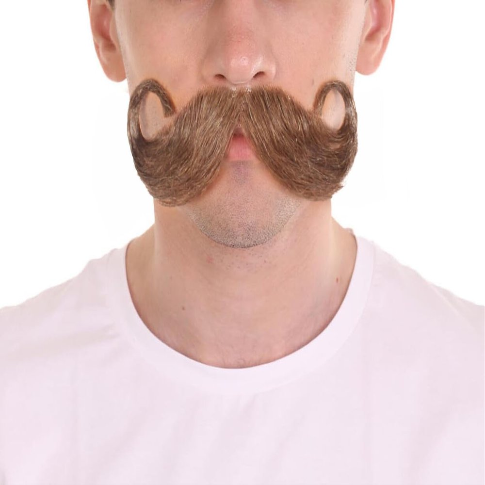BC GOODS BY Men's Dark Brown Handlebar Mustache with Curled Tips  Thick Self Adhesive Fake Facial Hair | Realistic Human Hairs For Costume Parties, Themed Outfits & Special Occasions