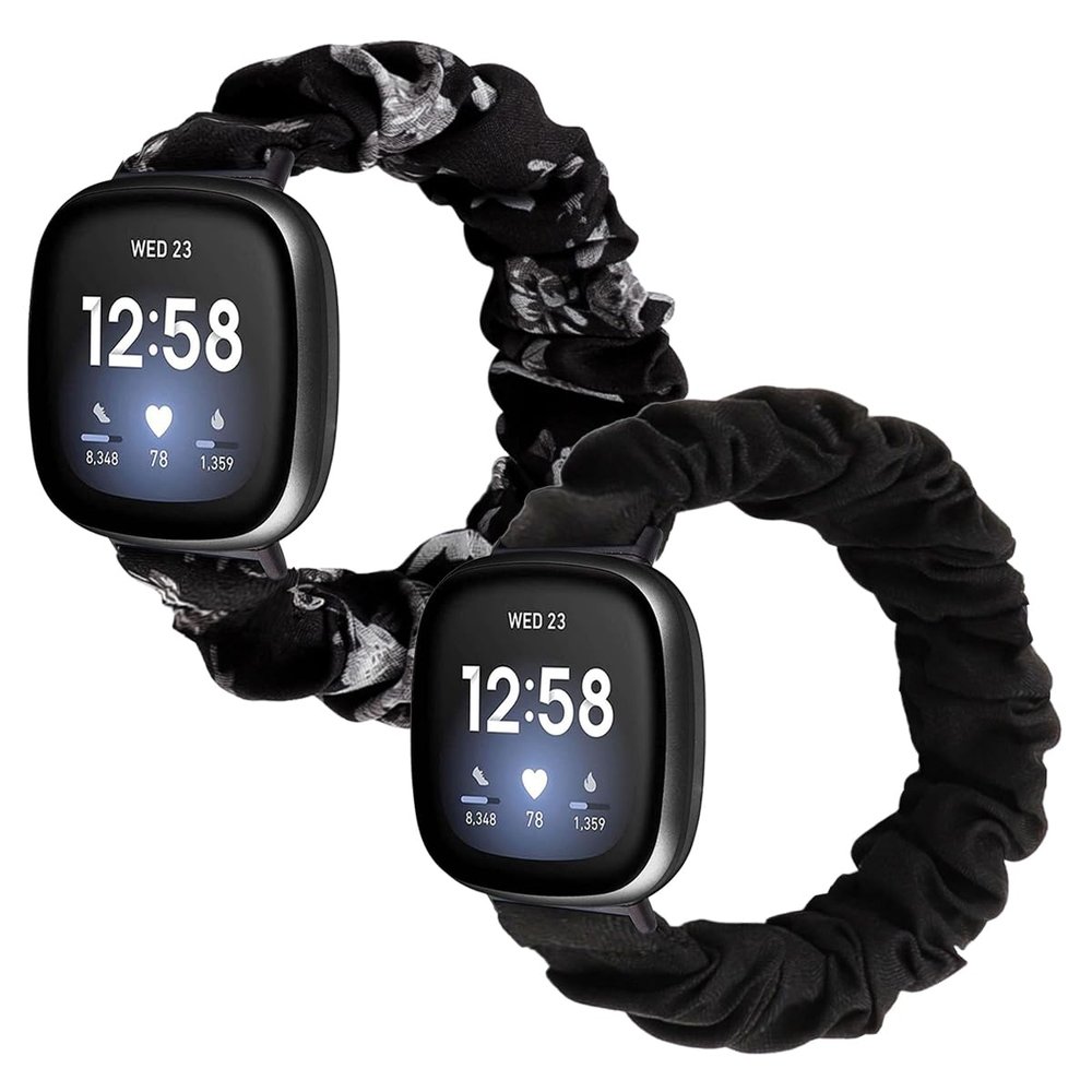 Scrunchie Bands for Fitbit Versa 4/Versa 3/Sense/Sense 2 Strap for Women,Replacement Watchband Soft Cloth Fabric Elastic Wristband (Black/Gray Flower, Large)