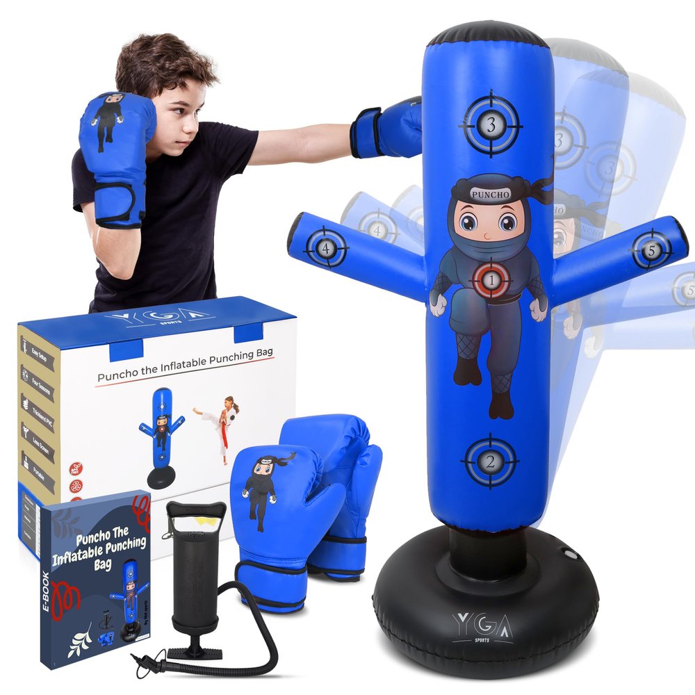 PUNCHO Punching Bag for Kids - 63" Kid Boxing Bag Set & Birthday Gift: Kids Punching Bags 3-8 with Gloves, Pump, PUNCHO eBook - Inflatable Punching Bag for Kid 8-12 with 5 Targets for Speed Boxing