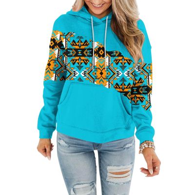FOCLMP Women Western Ethic Hoodie Aztec Style Print Graphic Sweatshirts Pullover Hooded Pullover Tops Shirts Vintage Clothing Sweatshirt Tunic Blue S