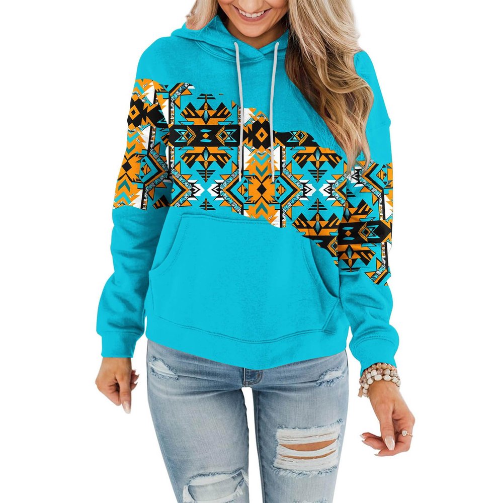 FOCLMP Women Western Ethic Hoodie Aztec Style Print Graphic Sweatshirts Pullover Hooded Pullover Tops Shirts Vintage Clothing Sweatshirt Tunic Blue S