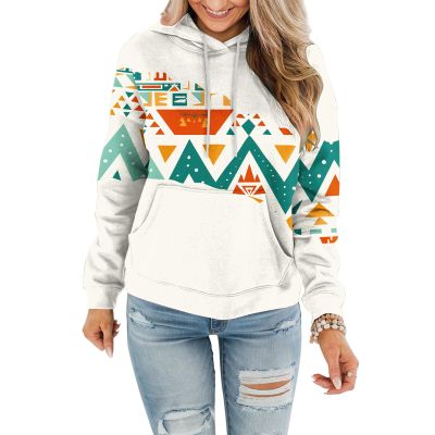 FOCLMP Women Western Ethic Hoodie Aztec Style Print Graphic Sweatshirts Pullover Hooded Pullover Tops Shirts Vintage Clothing Grunge Clothes for Women White M
