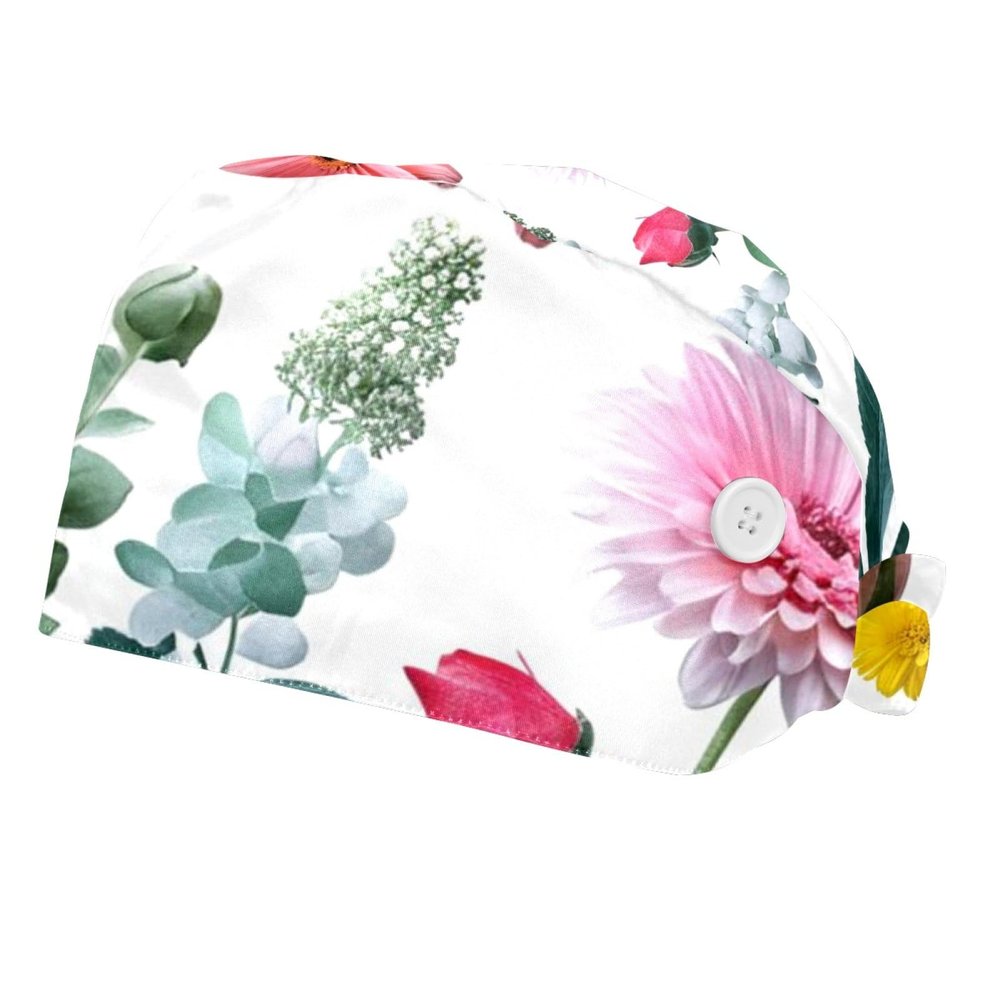 2 Pieces Scrub Caps Women Chef Cap Nursing Scrub Caps for Chef Flowers Peony Roses