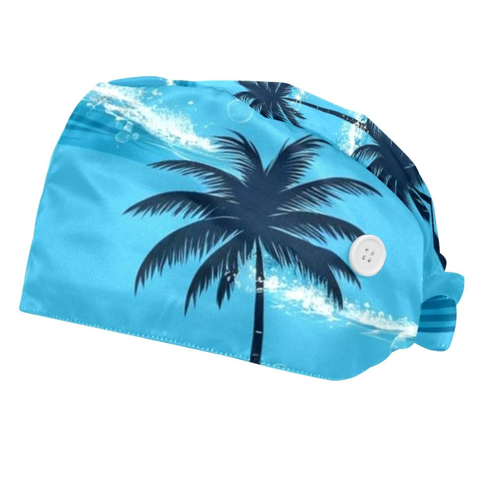 2 Pieces Scrub Caps Women Chef Cap Surgical Caps for Chef Palm Trees Sea Summer Multicoloured