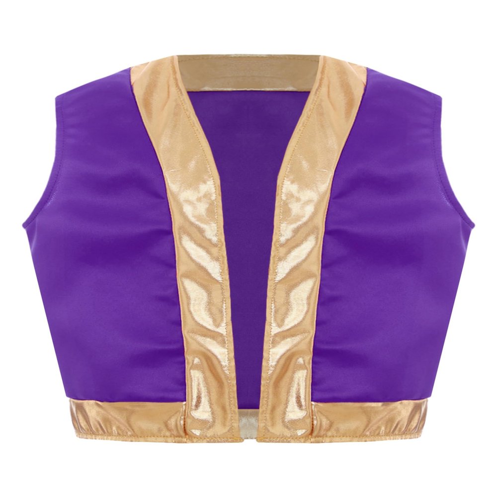 Hedmy Kids Boys Arabian Prince Vest Open Front Gold Trim Waistcoat Top Halloween Carnival Party Fancy Dress Up Purple 6 Years
