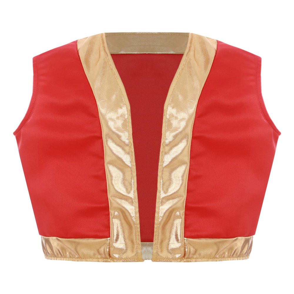 Hedmy Kids Boys Arabian Prince Vest Open Front Gold Trim Waistcoat Top Halloween Carnival Party Fancy Dress Up Red 8 Years