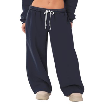 HeSaYep Women's Fleece Lined Sweatpants Wide Leg Baggy High Waisted Sweat Pants Drawstring Lounge Trousers Y2K Straight Leg Sherpa Pants Navy Blue M