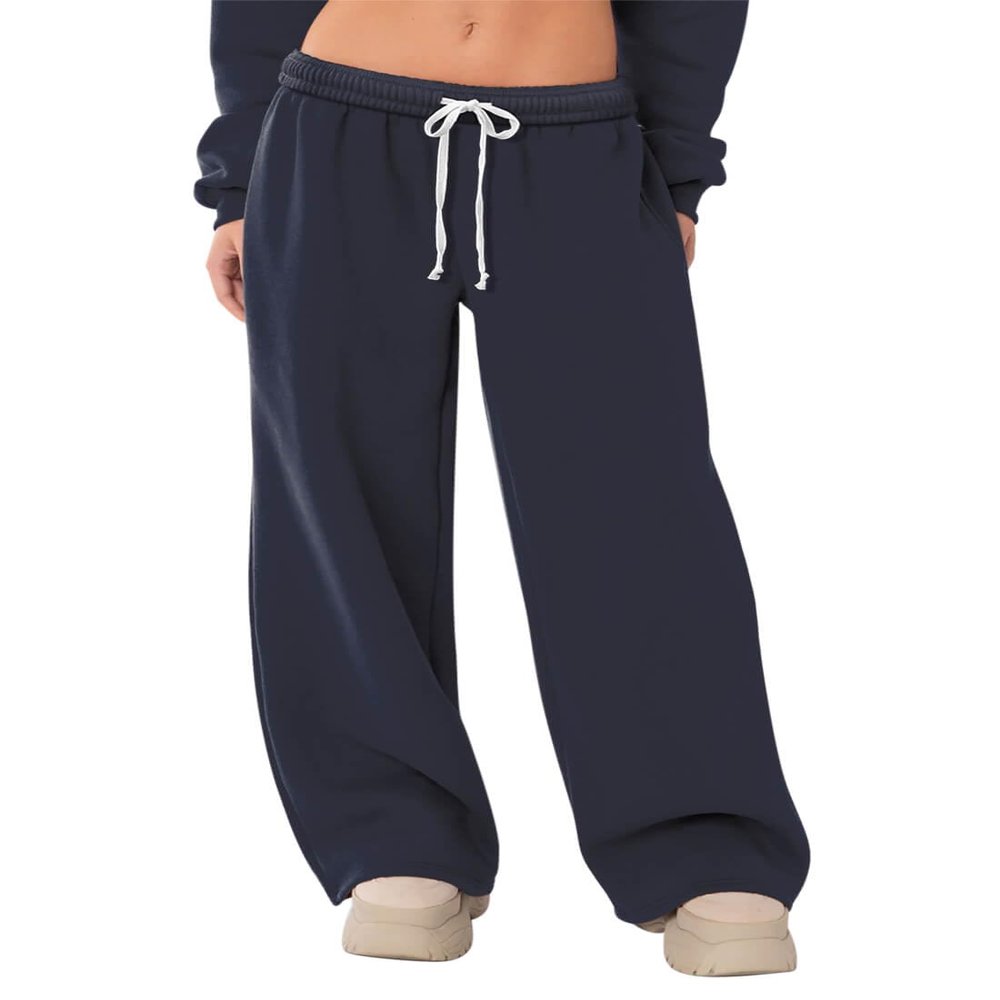 HeSaYep Women's Fleece Lined Sweatpants Wide Leg Baggy High Waisted Sweat Pants Drawstring Lounge Trousers Y2K Straight Leg Sherpa Pants Navy Blue M