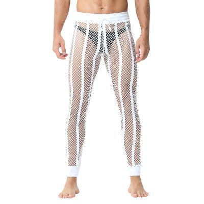 Men's Mesh Fishnet Pants See Through Stretchy Muscle Leggings Drawstring Sleep Lounge Thermal Bottoms White